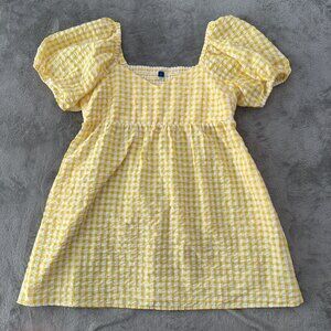 Old Navy Dress XL Yellow Gingham Plaid Puffed Sleeve Smocked Sweetheart Neck